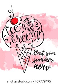 Poster ink ice cream cones black, white and pink colors with lettering.  Summer drawing. Stock vector