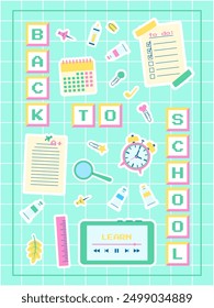 Poster with the inscription back to school made up of keyboard buttons in y2k style. Vector template for banner, post, postcard