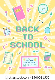 Poster with the inscription back to school on a yellow background with stickers of school supplies placed on it. Vector template for banner, post, postcard