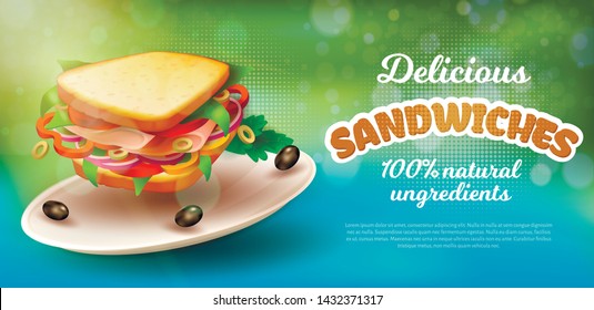 Poster Inscription Delicious Sandwiches Realistic. 100 Percent Natural Ingredients. On Flat Round Dish Lies Sandwich with Vegetables and Ham. Closeup Delicious Sandwich. Vector Illustration.