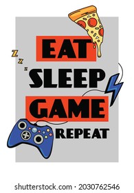 A poster with the inscription EAT SLEEP PLAY REPEAT. Vector illustration in retro style with a joystick, pizza.