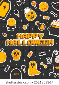 Poster with the inscription Happy Halloween. Poster with pixel inscription in y2k style. Vector template of banner, post, cover