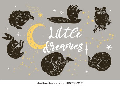 Poster with the inscription little dreamer, with animals and stars. Vector graphics