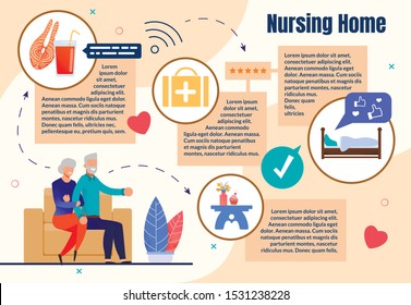 Poster Inscription Nursing Home, Infographic. Elderly Couple Sitting on Couch Holding Hands. Husband and Wife Care for Healthy Eating and Healthy Sleep Cartoon. Vector Illustration.