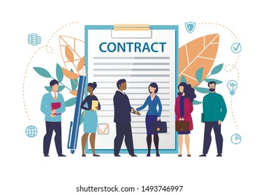 Poster Inscription on Document Contract Flat. Constant Access to Office Information. Men and Women Stand in Background Large Document with Inscription Contract. Vector Illustration.