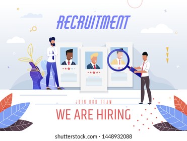 Poster Inscription Recruitment we are Hiring. Join Our Team. Job Search on Internet. Responsible Employee Selection for Closing Job. Man Stares at Card Through Magnifying Glass. Vector Illustration.