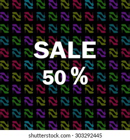 poster with an inscription "Sale 50%" white lettering on a black background with a pattern of colored shoes