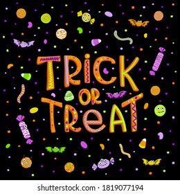 Poster with the inscription Trick or Treat. Halloween holiday calligraphy. Festive lettering in hand-drawing and cartoon style. Orange letters and green on a white background. Sweet corn candies