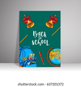 poster with the inscription welcome to the school, sketch vector illustration on white background. Hand drawn school bag, bell, globe, clock, frame with round place for text