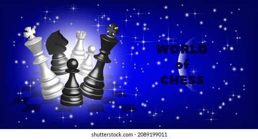 Poster with the inscription world of chess. 3D Figures, king, pawn, knight and rook against the background of the cosmic starry night sky