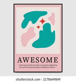 Afiche inspirado en las artes de Matisse. Lugares turquesa y rosa en forma de hojas, gráficos simples de moda.