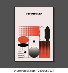 Poster inspired postmodern of vector abstract dynamic symbols with bold geometric shapes, useful for web background, poster art design, magazine front page, hi-tech print, cover artwork.