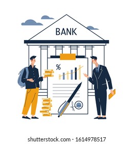 Poster Interest Deposit to Bank. Objects Financial Investment. Man with Gold Coin go to Bank, Next to it is Banker with Deposit Agreement Flat. Flat cartoon vector illustration on white background.  
