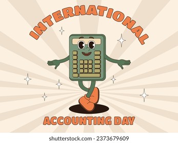 Poster for international accounting day. Postcard with a calculator character in retro style.