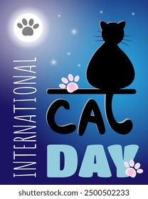 Poster for International Cat Day. Silhouette of a cat sitting on the background of the moonlit sky with a trace of a cat's paw on the moon. 1080x1350 pixels
