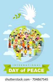 Poster for International Day of Peace. Dove with olive branch and different multi cultural ethnicity people crowd on planet Earth background