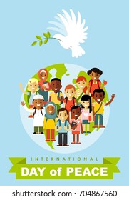 Poster For International Day Of Peace. Dove With Olive Branch And Different Multi Cultural Ethnicity Children Crowd On Planet Earth Background