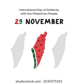 Poster for International Day of Solidarity with the Palestinian People with lettering and cartoon watermelon slice in the shape of Israel and Gaza map. Banner design for 29 November for support Gaza