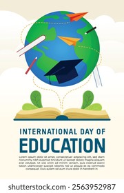 a poster for international education day with book and globe