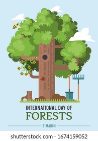 Poster to international forest day. Let's save the trees! Colorful vector illustration with oak