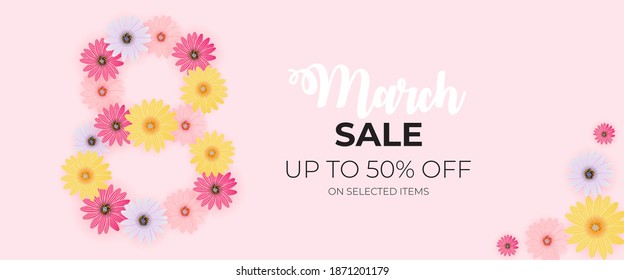 Poster International Happy Women's Day 8 March Greeting card sale banner Vector Illustration