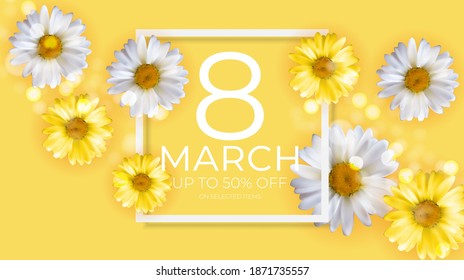 Poster International Happy Women's Day 8 March Greeting card sale banner. Can be used for advertising, web, social media, poster, flyer, greeting card. Vector Illustration
