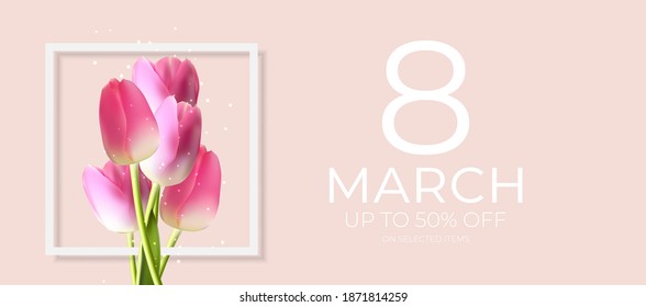 Poster International Happy Women's Day 8 March Greeting card sale banner. Can be used for advertising, web, social media, poster, flyer, greeting card. Vector Illustration