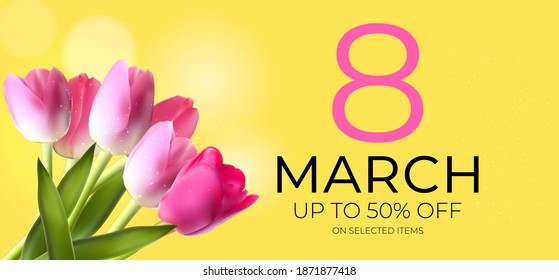 Poster International Happy Women's Day 8 March Greeting card sale banner. Can be used for advertising, web, social media, poster, flyer, greeting card. Vector Illustration