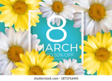 Poster International Happy Women's Day 8 March Greeting card sale banner. Can be used for advertising, web, social media, poster, flyer, greeting card. Vector Illustration
