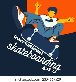 Poster Internationaler Skateboardtag. Ein Typ mit Skateboard springt auf blauem Hintergrund. Skateboardtricks, Schlittschuhlaufen, Springen. Banner mit hellen Leuten für den Urlaub am 21. Juni