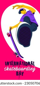 Poster International Skateboarding Day. A guy with a skateboard performs a jump on a pink and white background. Skateboard tricks, skating, jumping. Banner with bright people for the holiday, June 21
