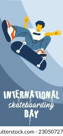 Poster International Skateboarding Day. A guy with a skateboard performs a jump on a blue background. Skateboard tricks, skating, jumping. Banner with bright people for the holiday on June 21
