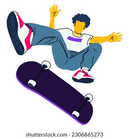 Poster International Skateboarding Day. A guy with a skateboard performs a jump on a white background. Skateboard tricks, skating, jumping. Banner with bright people for the holiday on June 21