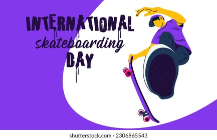 Poster International Skateboarding Day. A guy with a skateboard performs a jump on a purple background. Skateboard tricks, skating, jumping. Banner with bright people for the holiday on June 21