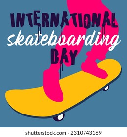 Poster of the International Skateboarding Day. The silhouette of pink legs of a girl with a skateboard rides on a blue background. Skateboard tricks, board riding, jumping. Skateboard on June 21