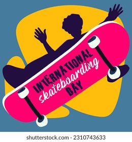 Poster of the International Skateboarding Day. The silhouette of a guy with a skateboard makes a jump on a blue and yellow background. Skateboard tricks, board riding, jumping. Skateboard on June 21