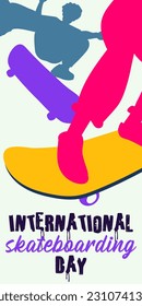 Poster of the International Skateboarding Day. Silhouettes of young people, a girl and a guy with a skateboard riding and jumping. Skateboard tricks, board riding, jumping. Skateboard on June 21