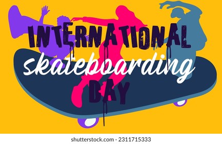 Poster of the International Skateboarding Day. Silhouettes of young people, girls and guys with a skateboard riding and jumping. Skateboard tricks, board riding, jumping. Skateboard on June 21