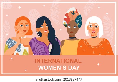 Poster for international woman s day card with beautiful women. Concept of multiethnic women portraits, beautiful young girls, holiday. Postcard or greeting card. Flat cartoon vector illustration