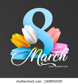 Poster International Women's Day 8 March. Bouquet with realistic flowers. Spring flowers tulips and number 8 on black background. Vector illustration.