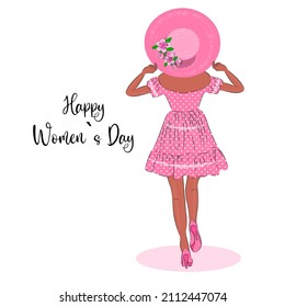 Poster for international women's day, a beautiful girl in a hat, on a white background, in the style of doodle, a vector card for March 8, Invitations to March 8, a print for textiles, for gift