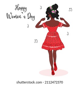 Poster for International Women's Day, a beautiful black-skinned girl dancing, on a white background, in the style of doodles, a vector card for March 8, invitations for March 8, a print for textiles