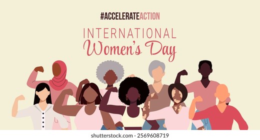 A poster for International Women's Day featuring a group of people with the slogan "Celebrate Action"