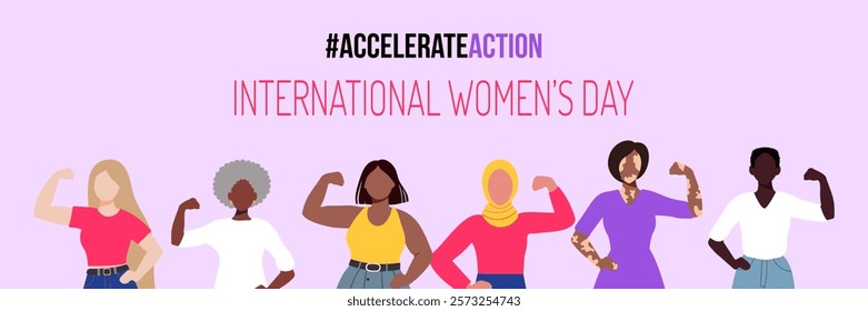 A poster for International Women's Day featuring a group of women with the slogan "accelerate action"