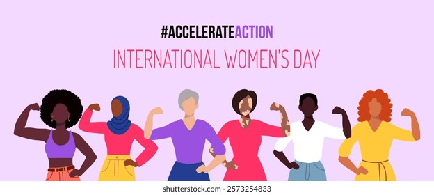 A poster for International Women's Day featuring a group of women with the slogan #accelerateaction