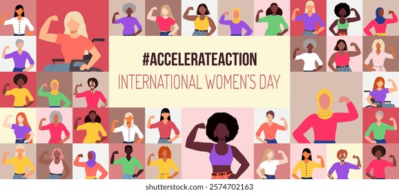 A poster for International Women's Day featuring a collage of women with the slogan "Accelerate Action"