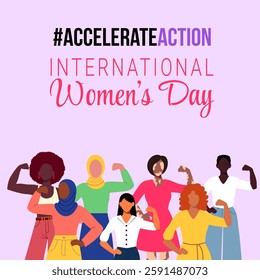 A poster for International Women's Day featuring a group of people with the caption "Accelerate Action"