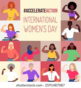 A poster for International Women's Day featuring a collage of women with the caption "Accelerate Action"