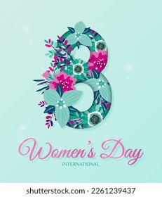 Poster for International Women's Day. Flyer for March 8 with flowers decor. Number 8 invitations with spring plants, leaves and flowers
