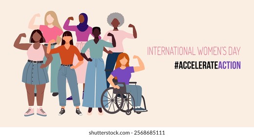 A poster for International Women's Day with a group of women posing with a wheelchair. The poster reads "International Women's Day: Accelerate Action"